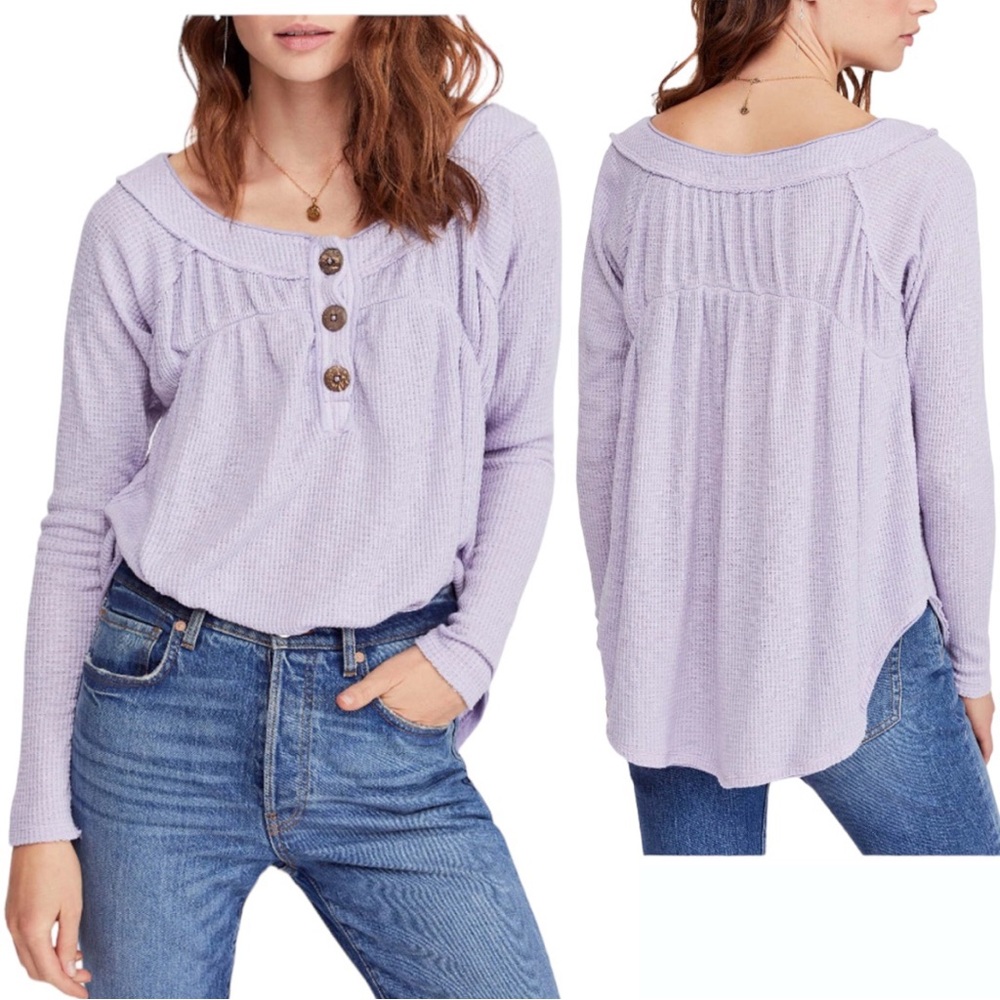 Free People Must Have Henley Waffle Knit Long Sleeve Top in Lilac Size Small